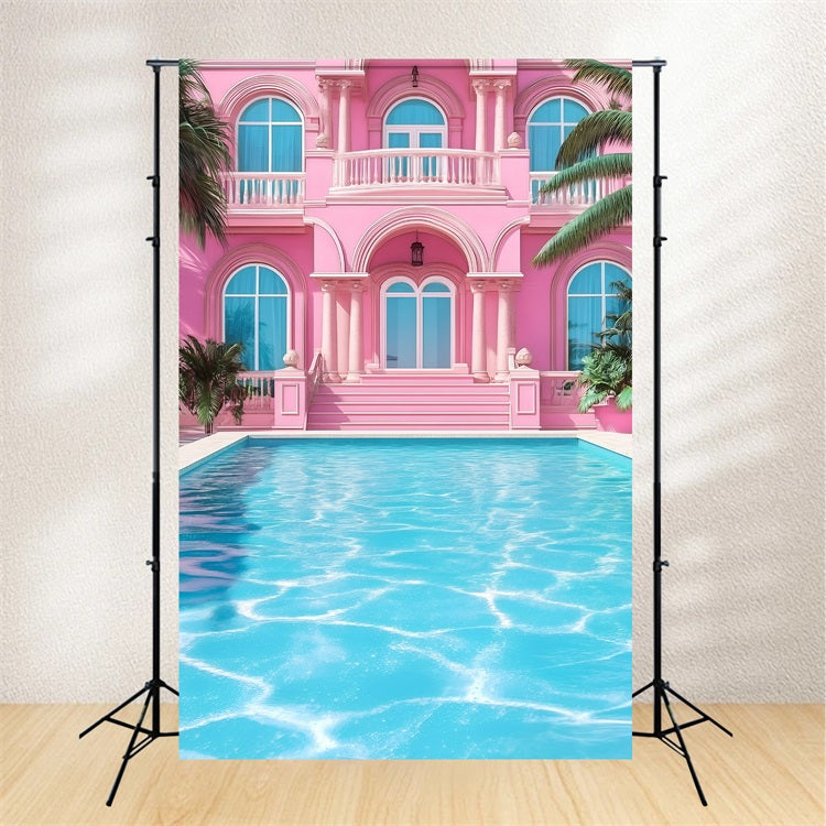 Tropical Backdrop Pink Mansion Poolside Sommer Hintergrund GQ4-296