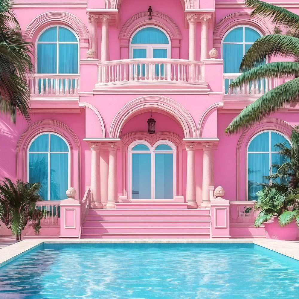 Tropical Backdrop Pink Mansion Poolside Sommer Hintergrund GQ4-296