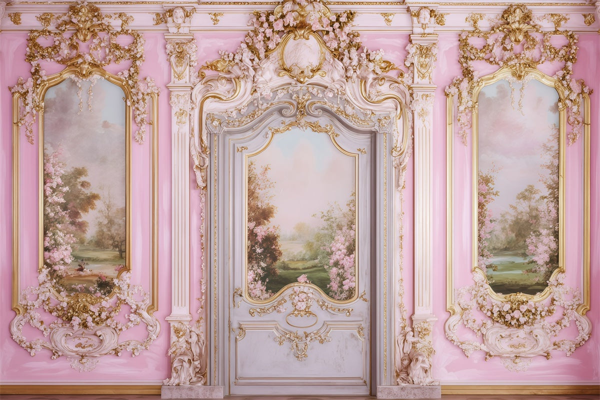 Vintage Wall Backdrop Floral Pink Gold Wall Vintage Fotohintergrund GQ4-303