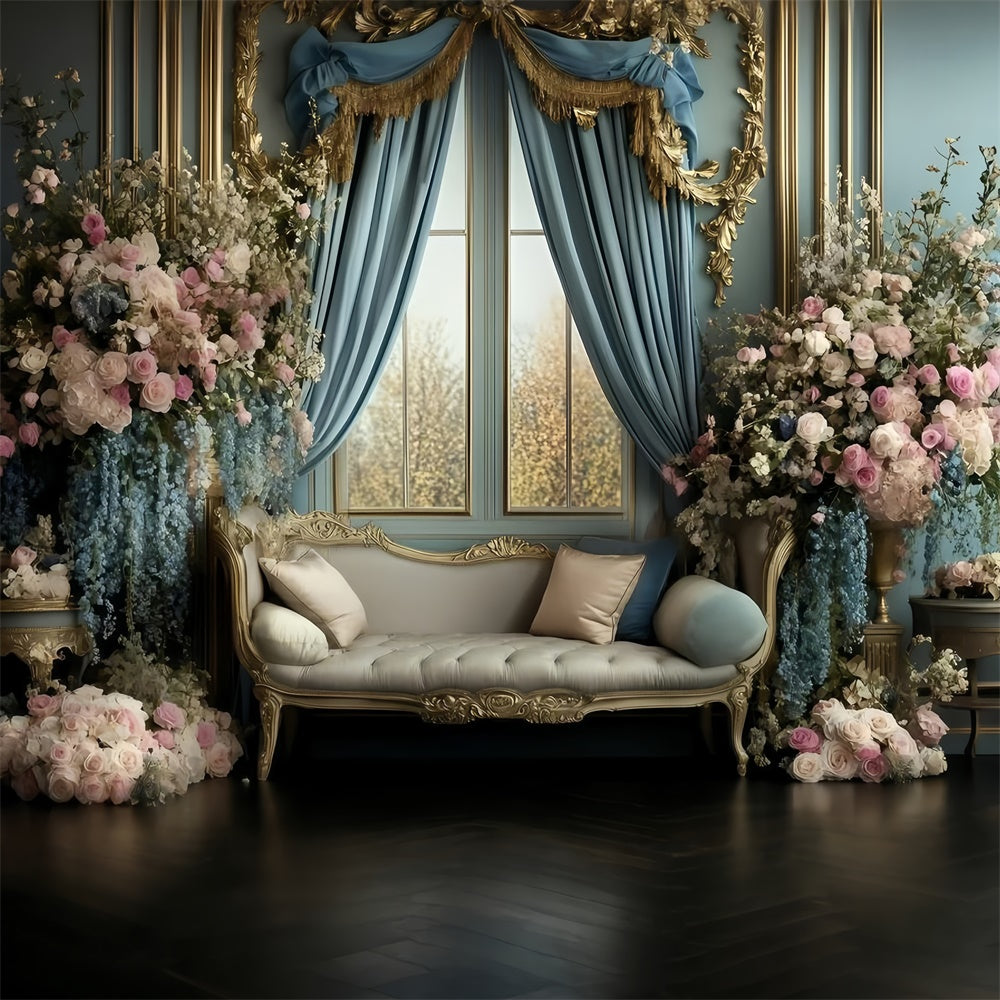 Retro Backdrop Königsblau Vorhang Floral Vintage Fotohintergründe GQ4-317