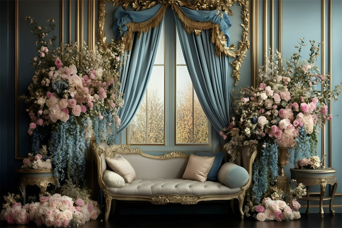 Retro Backdrop Königsblau Vorhang Floral Vintage Fotohintergründe GQ4-317