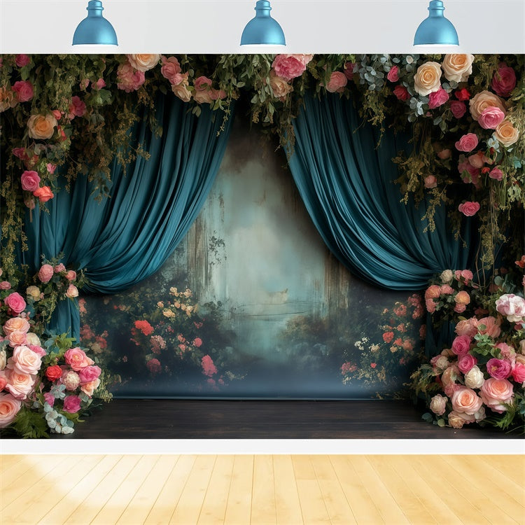 Viktorianische Hintergrundkulisse Verträumter Garten Teal Vorhänge Vintage Hintergrundkulissen GQ4-325