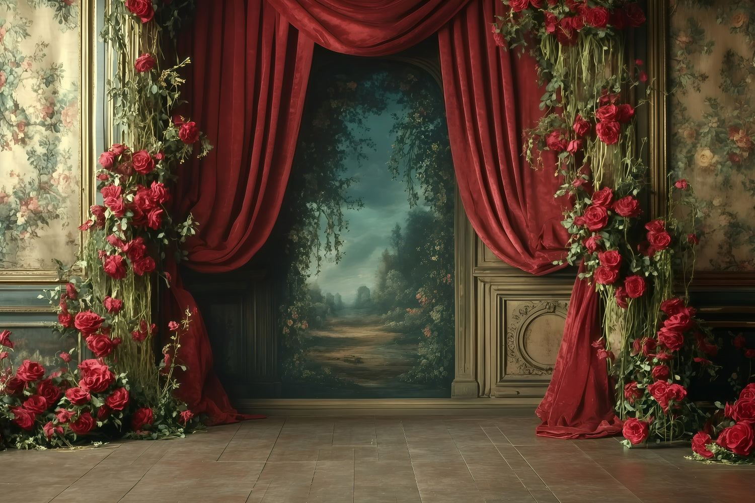 Retro-Fotokulissen Romantische rote Rosenvorhänge Vintage-Hintergrundkulissen GQ4-331
