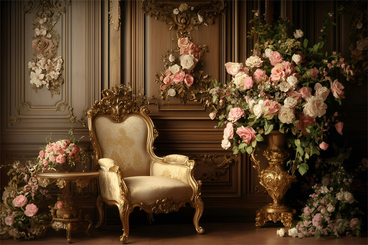 Antike Fotokulisse Goldener Stuhl Florale Wand Vintage Backdrop GQ4-332