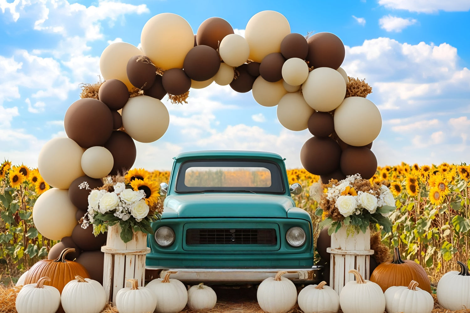 Herbst-Fotokulissen Vintage Blue Truck Sonnenblumen-Hintergrund GQ5-76