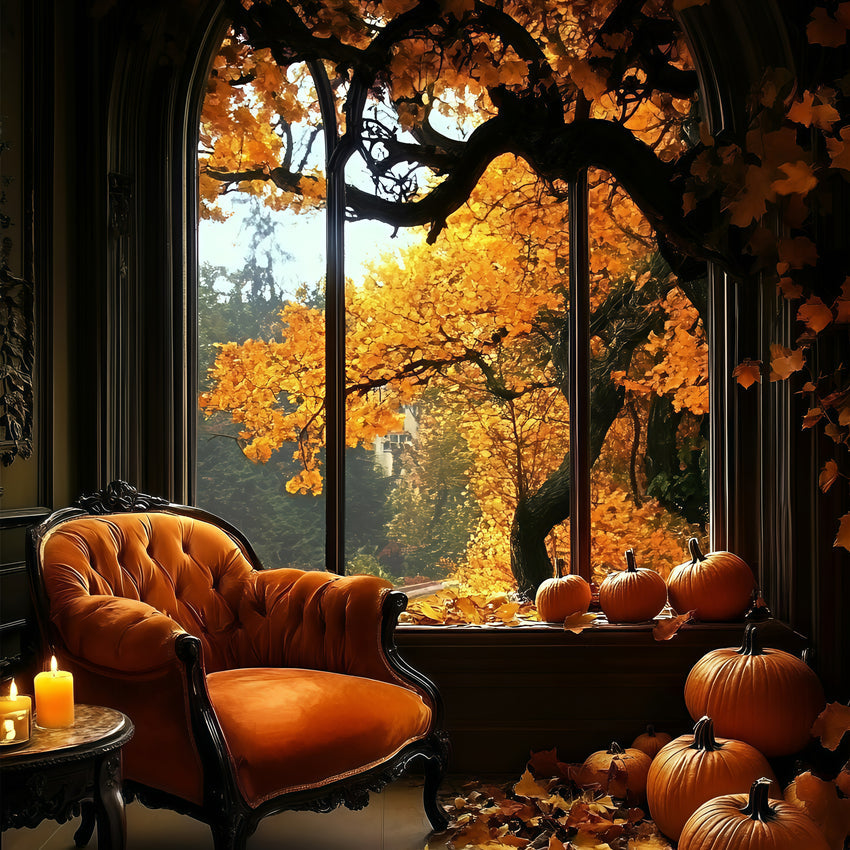 Herbst Fotohintergrund Gemütliches Zimmer Kürbisse Fensterhintergrund GQ5-87