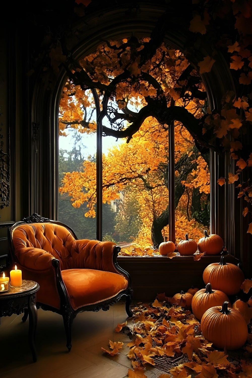 Herbst Fotohintergrund Gemütliches Zimmer Kürbisse Fensterhintergrund GQ5-87