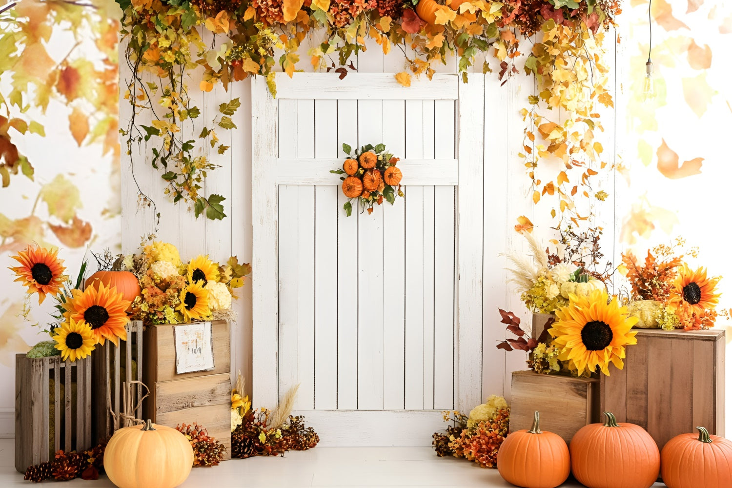 Herbst Fotokulisse Weiße Tür Sonnenblumen Kürbisse Kulisse GQ5-95