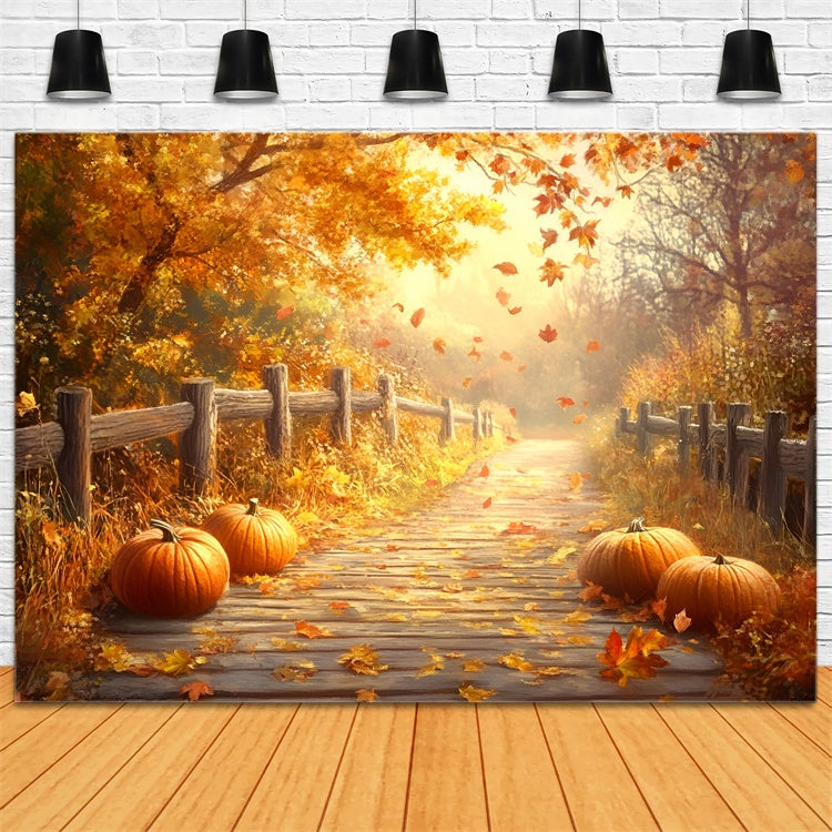 Fall Leaves Backdrop Rustic Fence Trail Forest Fotohintergrund GQ57-108