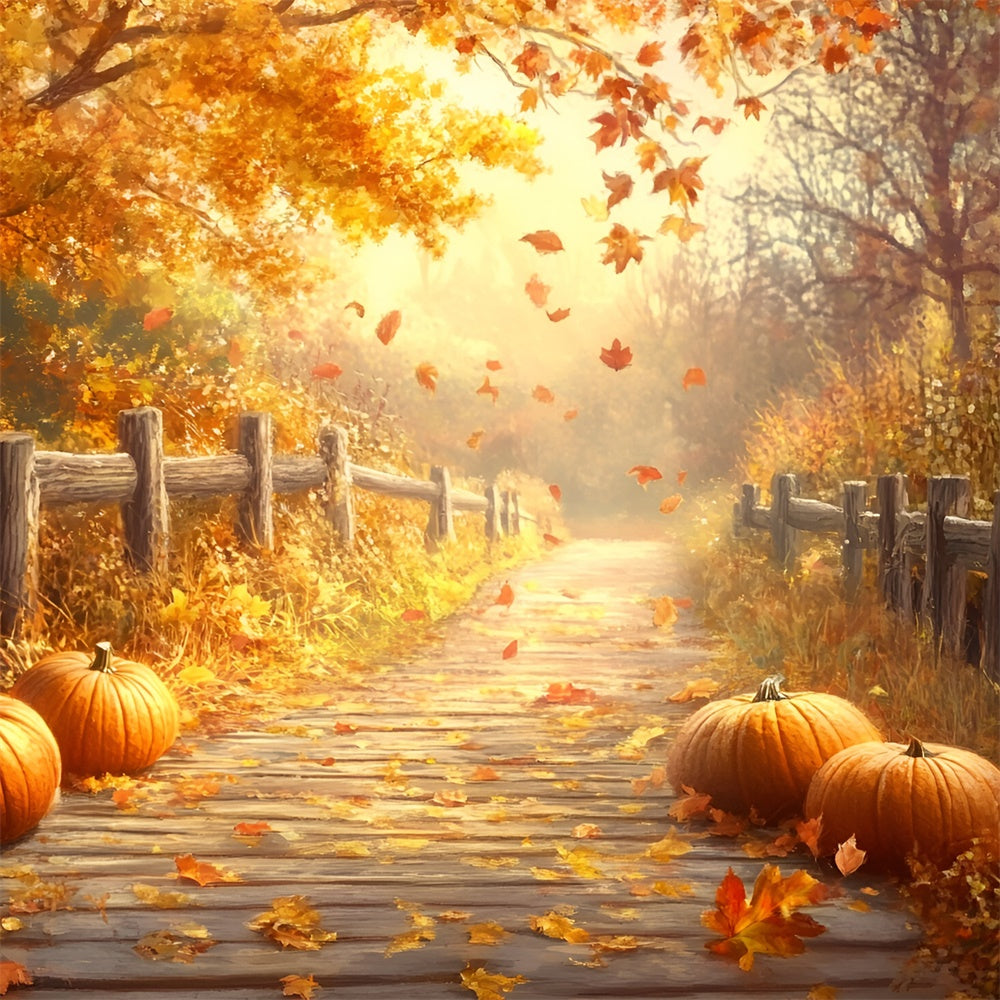 Fall Leaves Backdrop Rustic Fence Trail Forest Fotohintergrund GQ57-108