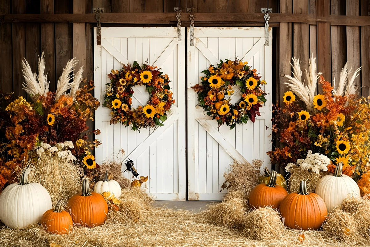 Scheunentür Fotohintergrund Kürbis Heu Kranz Herbst Backdrop GQ57-95
