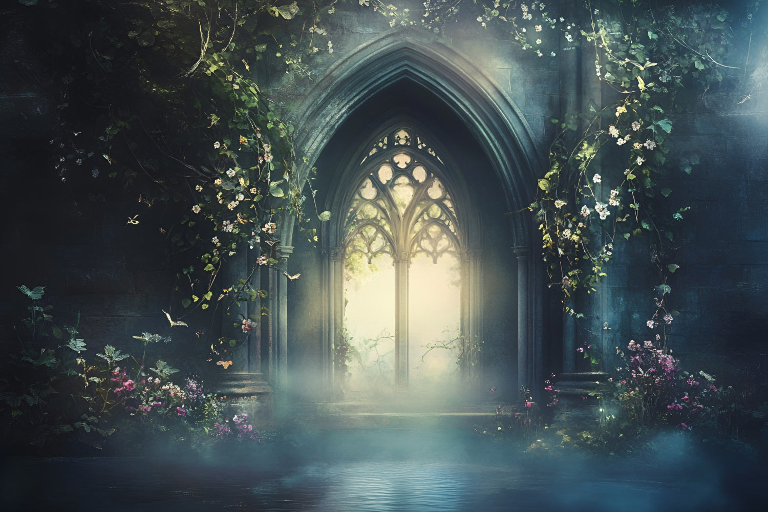 Gothic Backdrop Verwunschener Gotischer Bogen Blühende Reben Vintage Backdrop GQ58-111