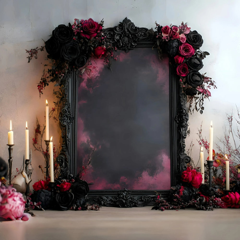 Gothic Backdrop Romantische Schwarze Rote Rose Kerzenrahmen Vintage Fotokulisse GQ58-112