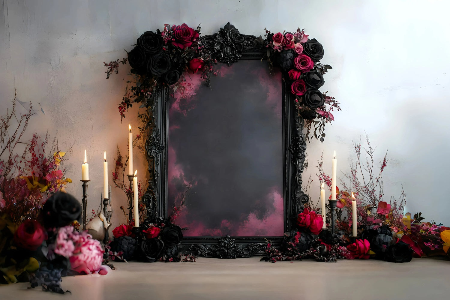 Gothic Backdrop Romantische Schwarze Rote Rose Kerzenrahmen Vintage Fotokulisse GQ58-112