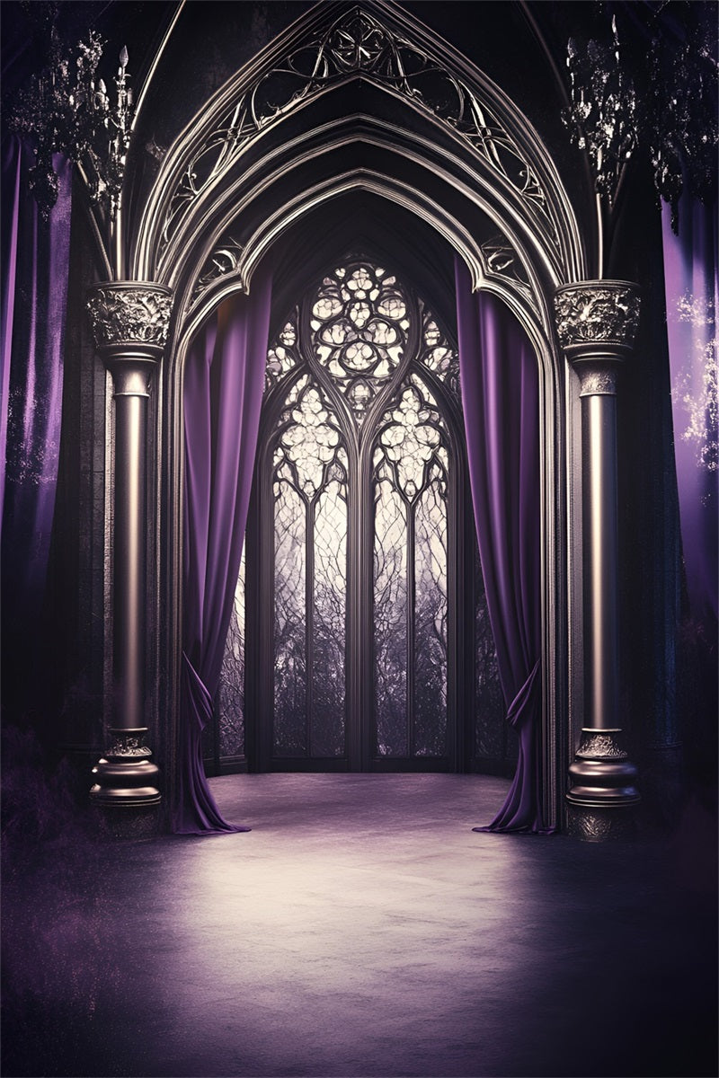 Gothic Backdrop Lila Drapierte Kathedrale Bogenfenster Vintage Backdrops GQ58-113
