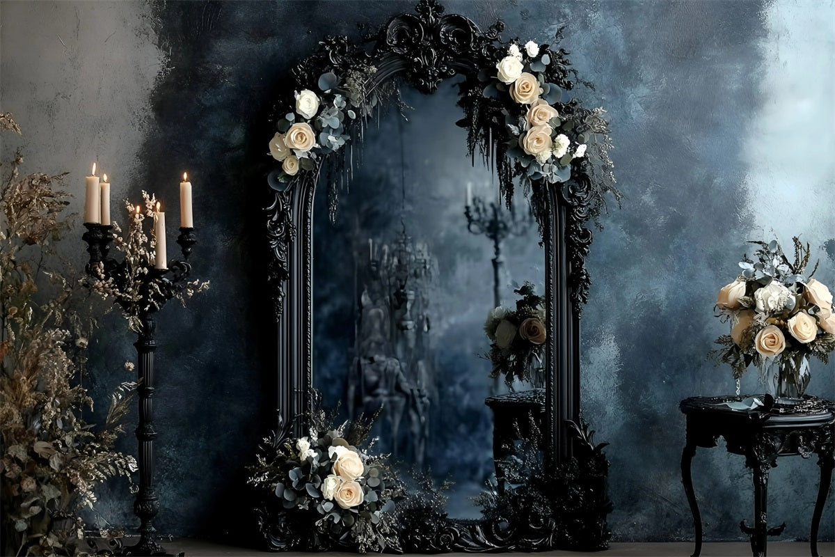 Gothic Backdrop Schwarz Verschnörkelt Spiegel Elfenbein Rosen Vintage Fotografie Backdrops GQ58-115