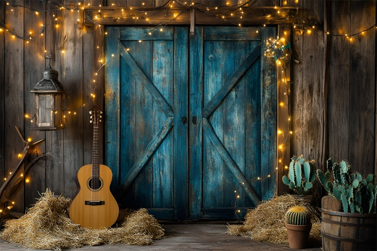 Western-Foto Hintergrund Rustikale blaue Scheunentür Gitarre Kaktus Vintage Fotografie Hintergründe GQ58-119