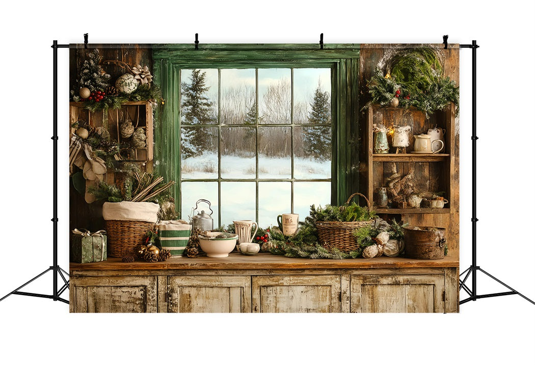 Rustikale Kulisse Gemütliche Winterküche Fenster Festliche Begrünung Vintage Backdrop Ideen GQ58-121