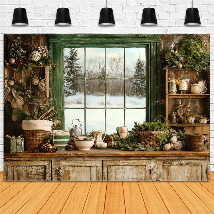 Rustikale Kulisse Gemütliche Winterküche Fenster Festliche Begrünung Vintage Backdrop Ideen GQ58-121