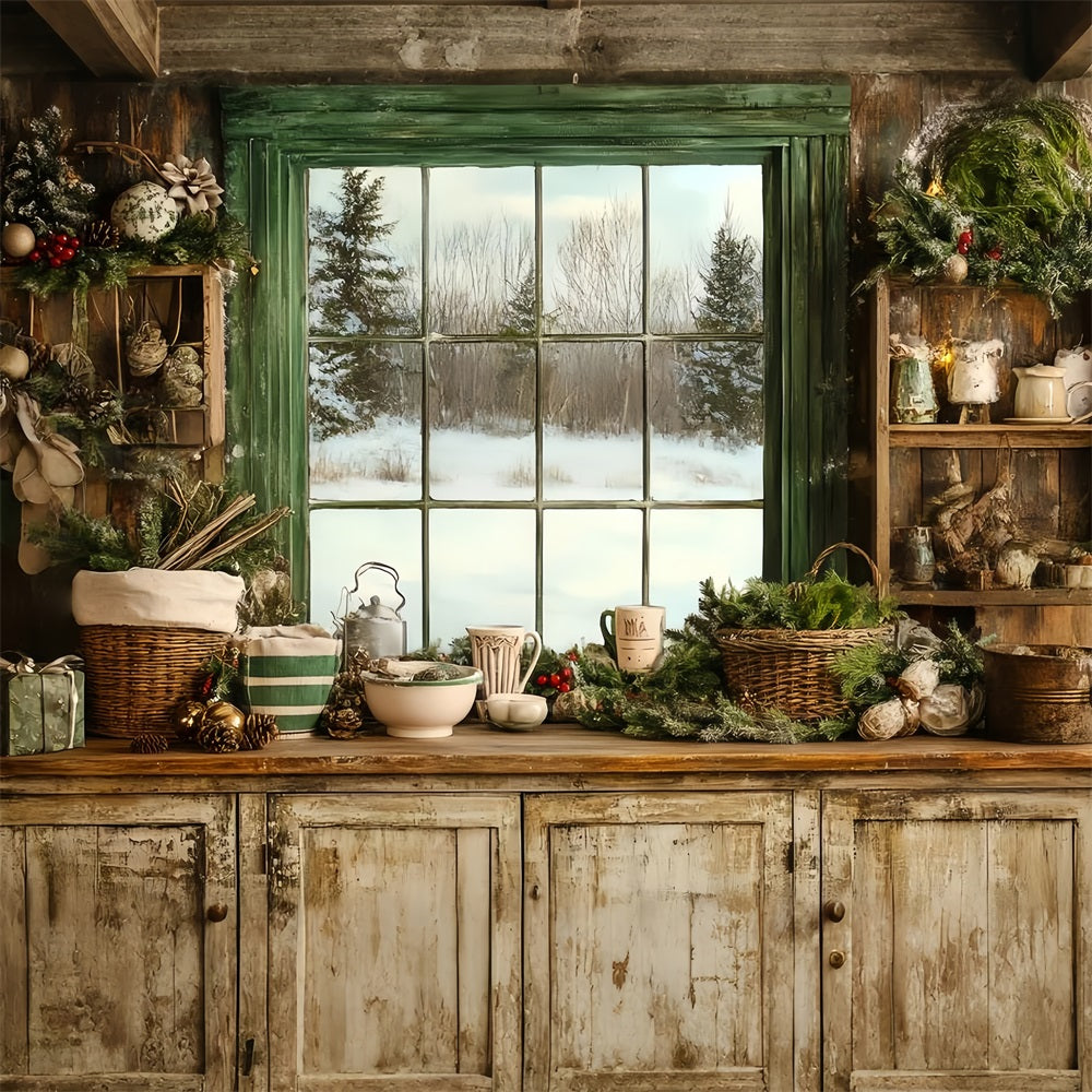 Rustikale Kulisse Gemütliche Winterküche Fenster Festliche Begrünung Vintage Backdrop Ideen GQ58-121
