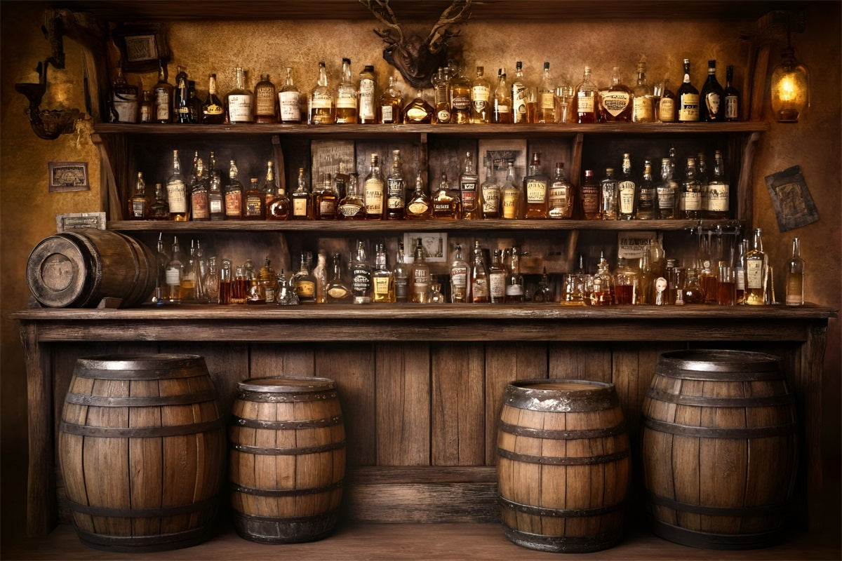 Rustikaler Foto Hintergrund Old Western Whiskey Barrel Bar Display Foto Hintergrund Vintage GQ58-124