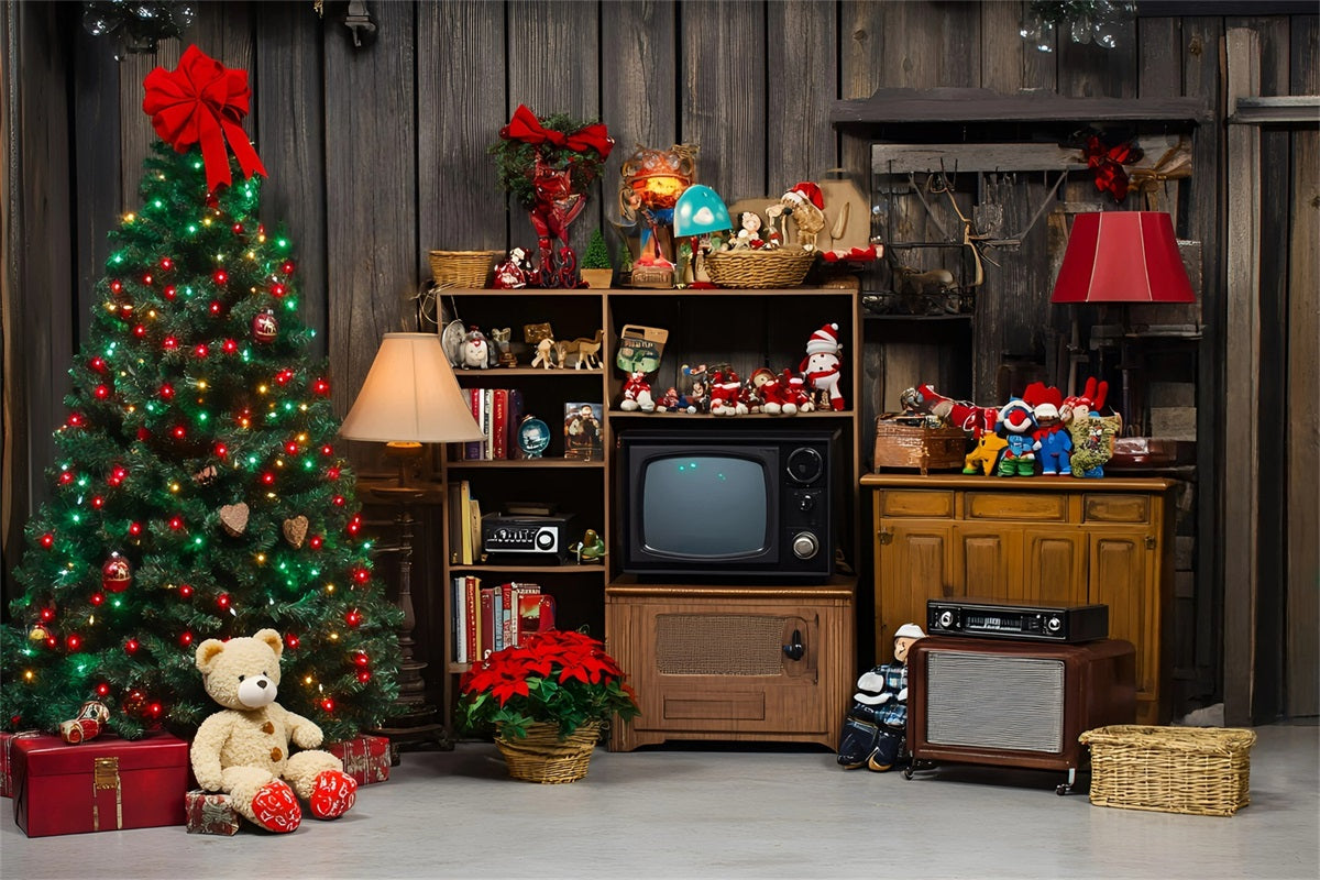 Rustikaler Foto Hintergrund Retro Weihnachtsbaum mit Vintage Spielzeug Vintage Fotoshooting Foto Hintergrund GQ58-125