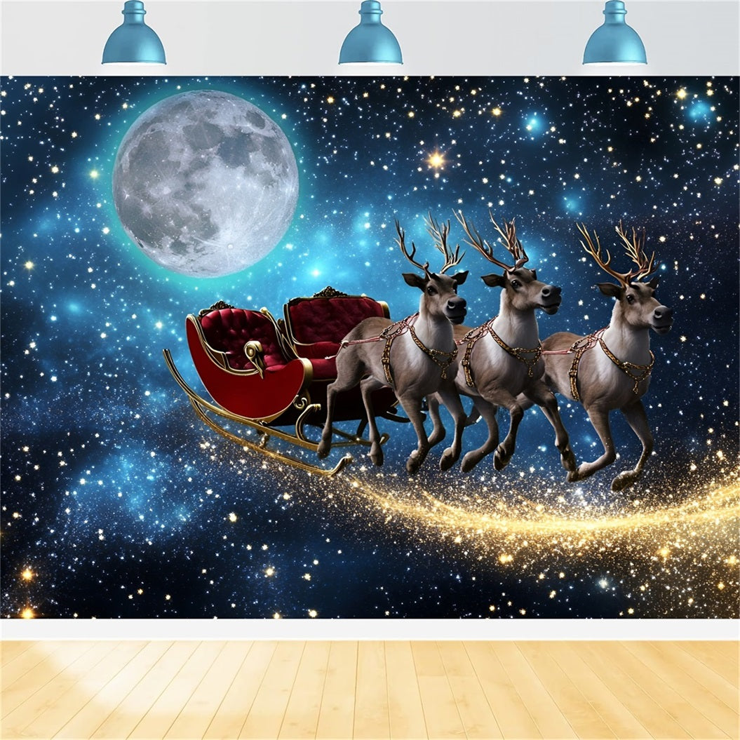 Night Sky Backdrop Flying Rentier Schlitten unter Moonlicht Weihnachten Fotohintergrundbilder für Fotos GQ58-44