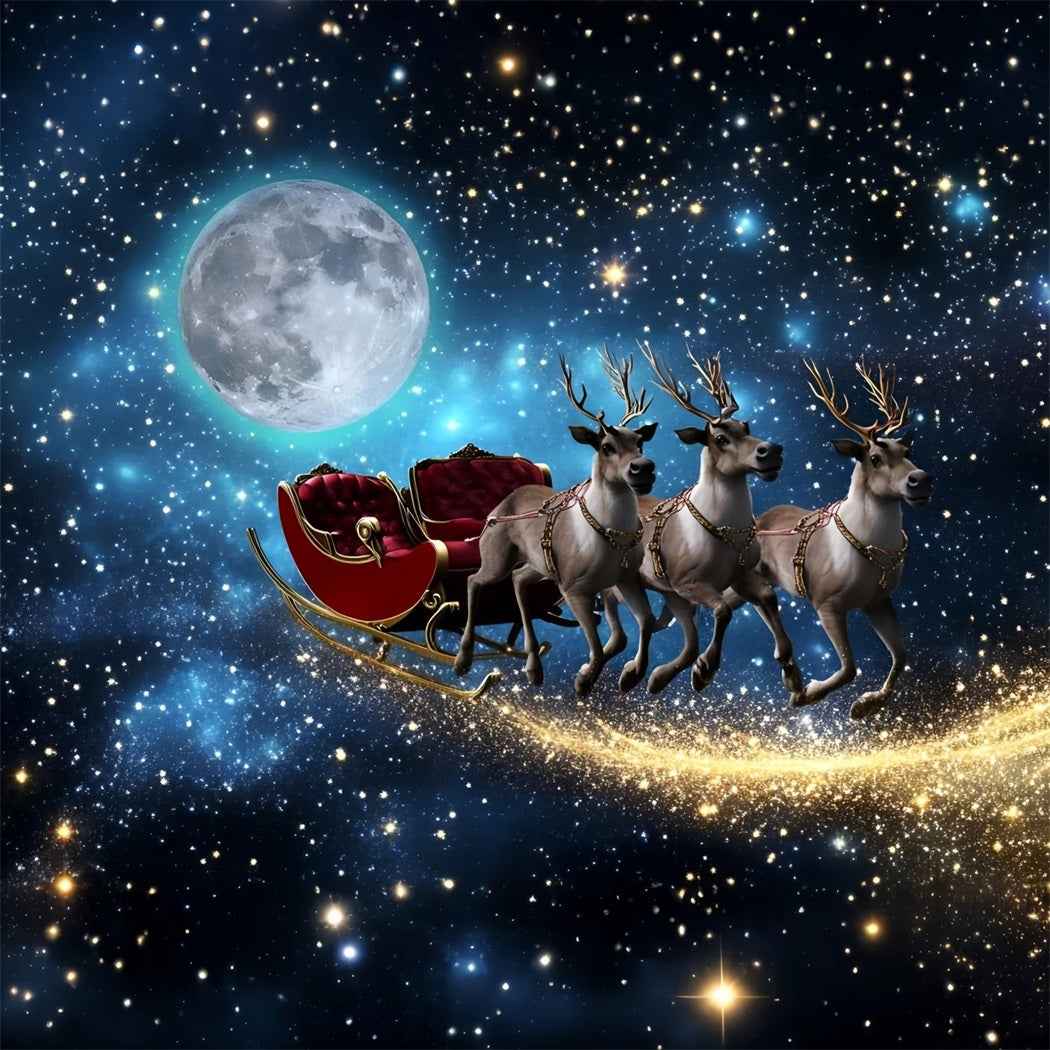 Night Sky Backdrop Flying Rentier Schlitten unter Moonlicht Weihnachten Fotohintergrundbilder für Fotos GQ58-44