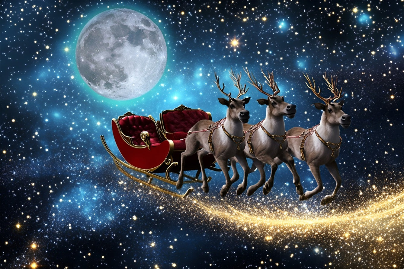 Night Sky Backdrop Flying Rentier Schlitten unter Moonlicht Weihnachten Fotohintergrundbilder für Fotos GQ58-44