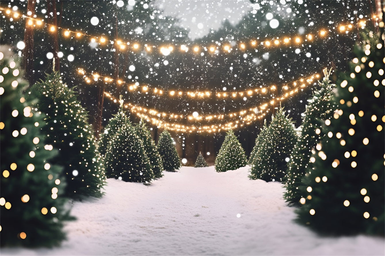 Weihnachtsbaum Bauernhof Fotohintergrund verschneite Pine Lane mit Twinkle Lights Professionelle Weihnachten Studiohintergrund GQ58-48
