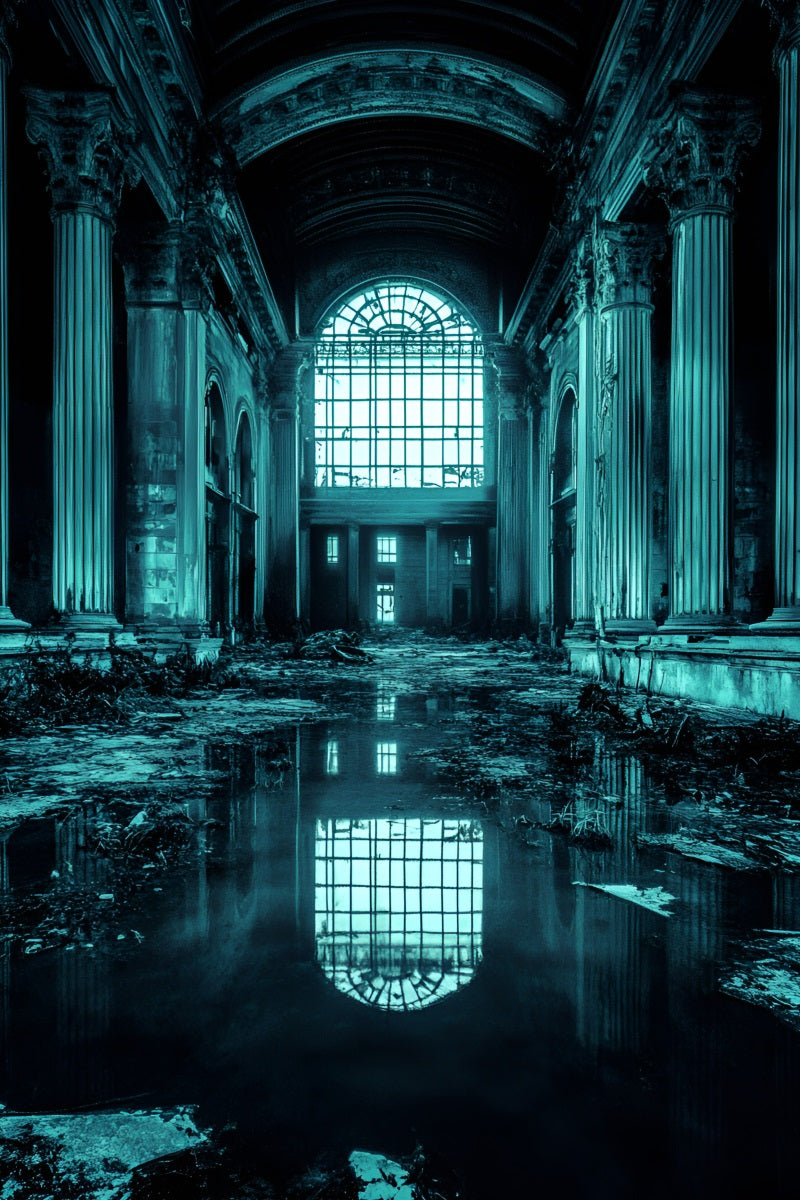 Grunge-Fotohintergrund Verlassener großer Saal mit Wasserreflexion professioneller Porträt-Fotohintergrund GQ58-86