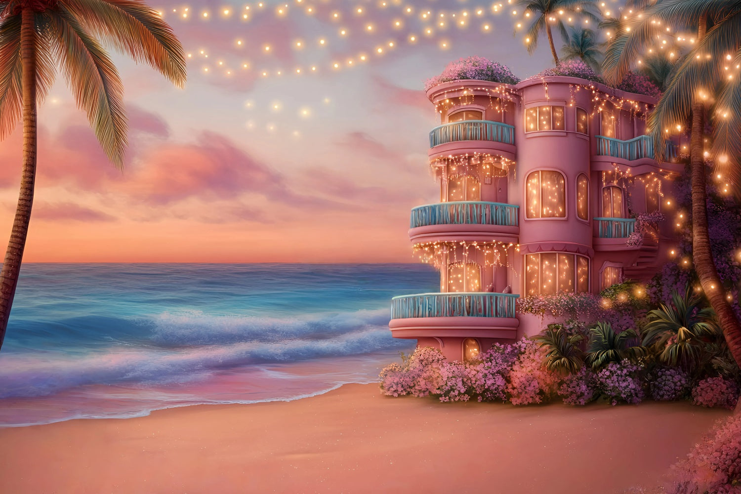 Barbie Beach Backdrop Sonnenuntergang Coastal Villa Sommer Hintergrund GQ6-10