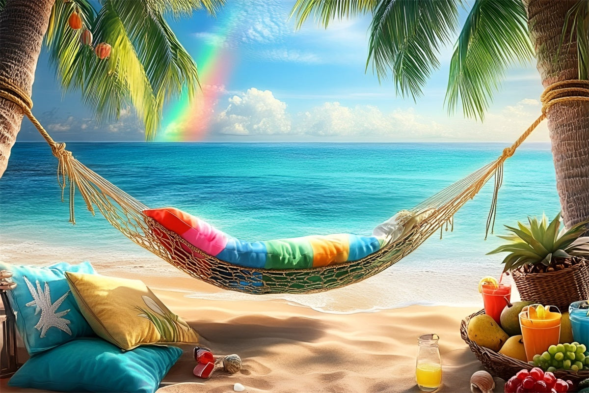 Tropischer Strand Hintergrund Palme Regenbogen Hängematte Sommerhintergrund GQ6-14