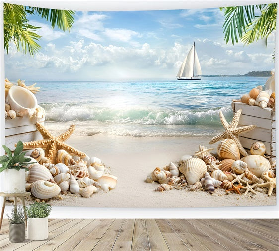 Strand Szenerie Hintergrund Muschel Segelboot Sommer Fotohintergrund GQ6-3