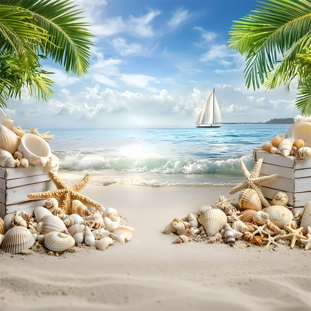 Strand Szenerie Hintergrund Muschel Segelboot Sommer Fotohintergrund GQ6-3