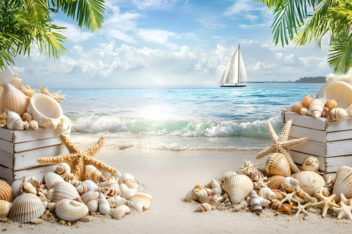 Strand Szenerie Hintergrund Muschel Segelboot Sommer Fotohintergrund GQ6-3