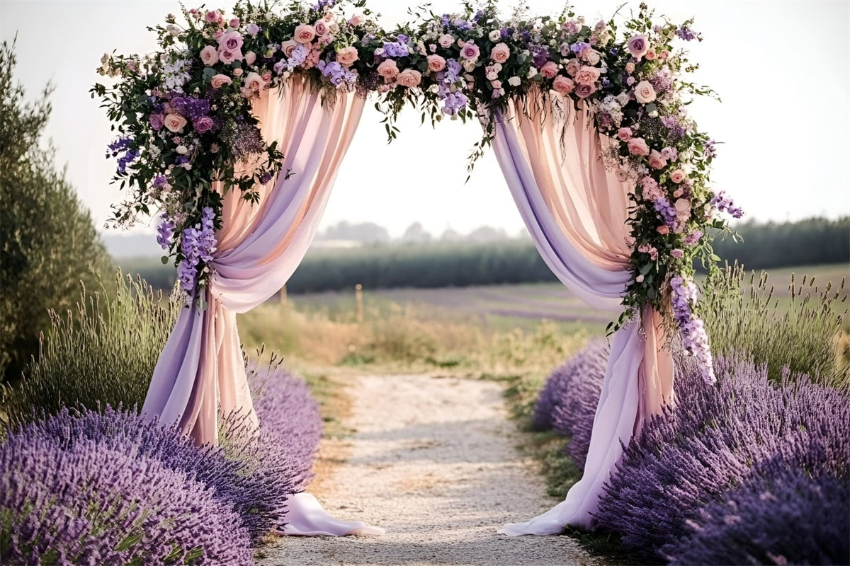 Lavendel-Fotokulisse Romantische Hochzeit Bogen Sommer-Hintergrundbilder GQ6-51