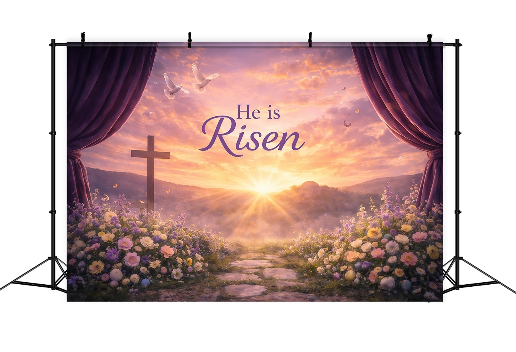 Er ist auferstanden Hintergrund Sonnenaufgang Tal Singvögel Blumen Oster-Hintergründe für Fotos GQ61-13
