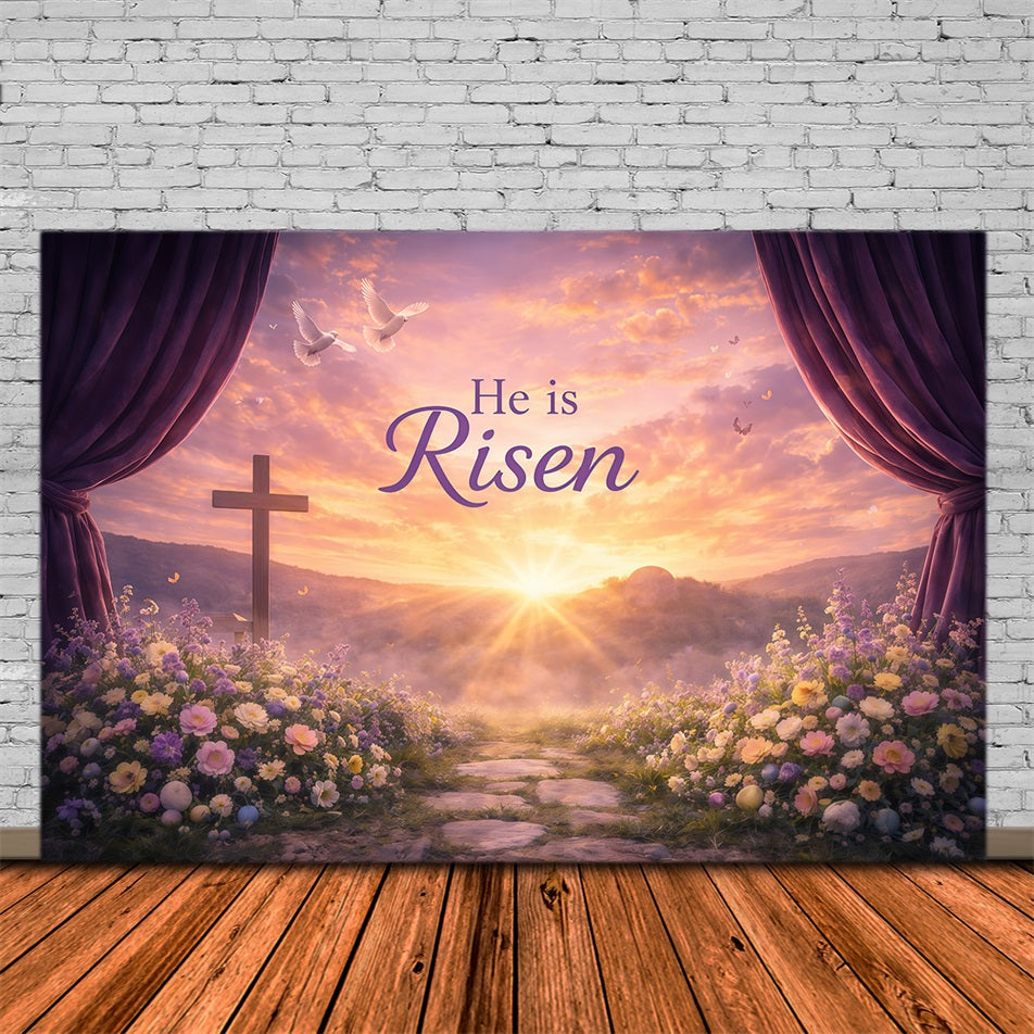 Er ist auferstanden Hintergrund Sonnenaufgang Tal Singvögel Blumen Oster-Hintergründe für Fotos GQ61-13
