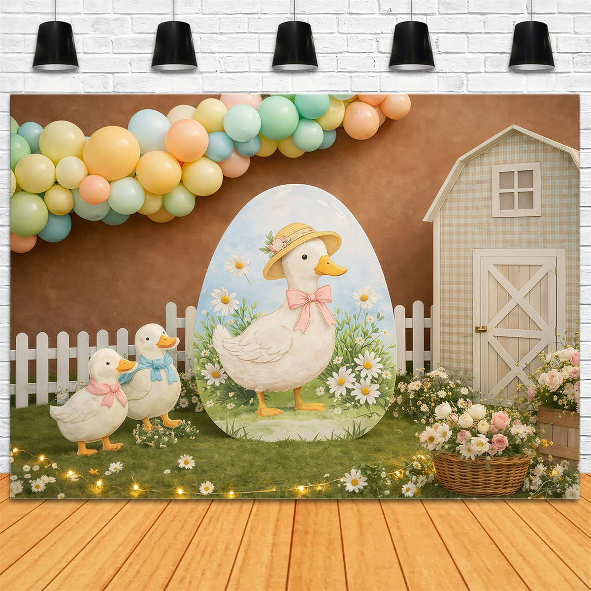 Oster-Hintergrund mit Luftballons Niedliche Entenfarm Gänseblümchen-Hintergrund für Ostern GQ61-22