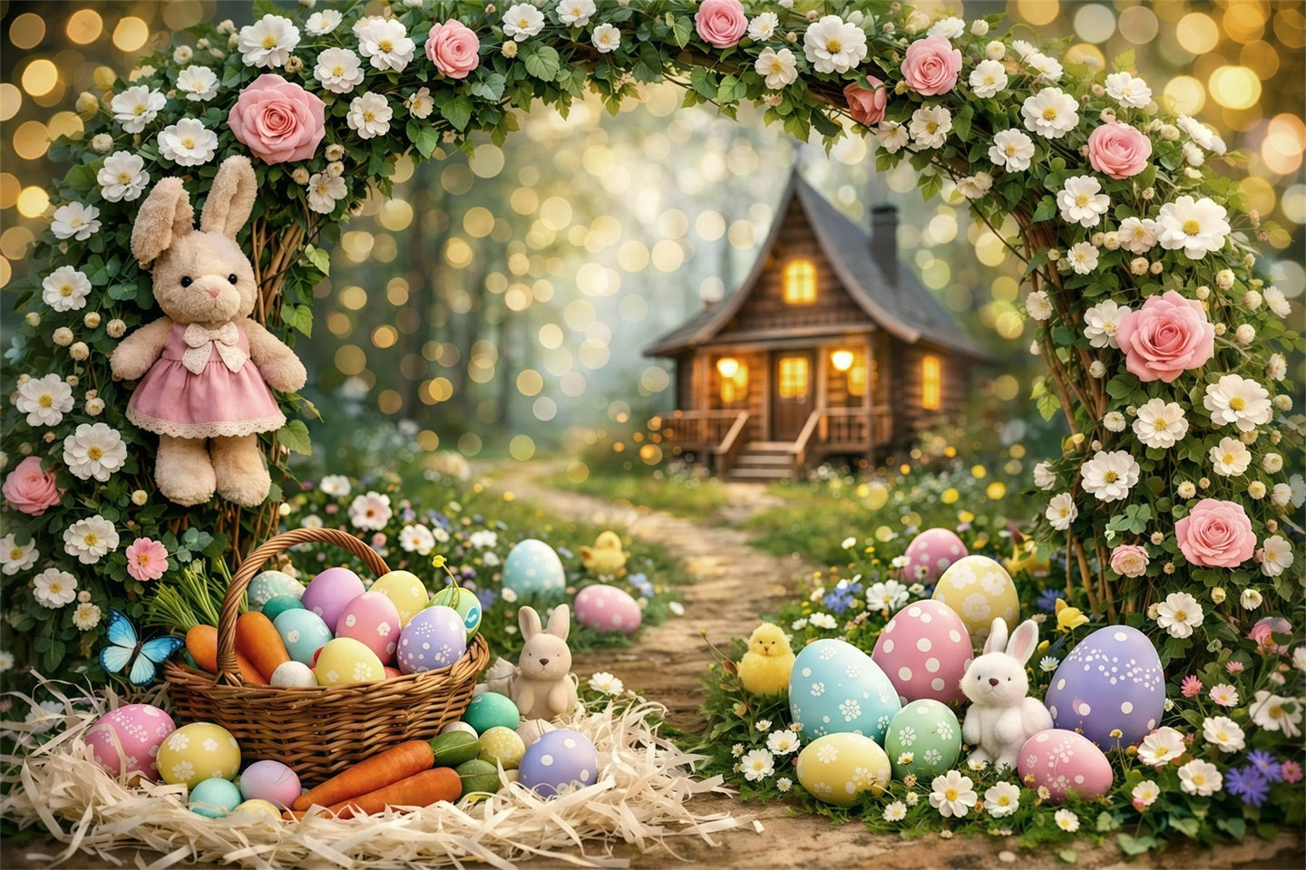 Oster-Bokeh-Hintergrund Zauberwald Hase Cottage Osterhintergründe für Fotos GQ61-31