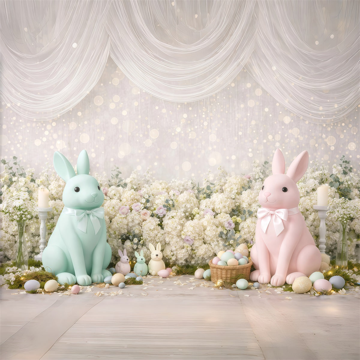 Pastellfarbener Osterhintergrund mit Hasen, Blumen und Bokeh-Punkten Fotohintergrund Ostern GQ61-32