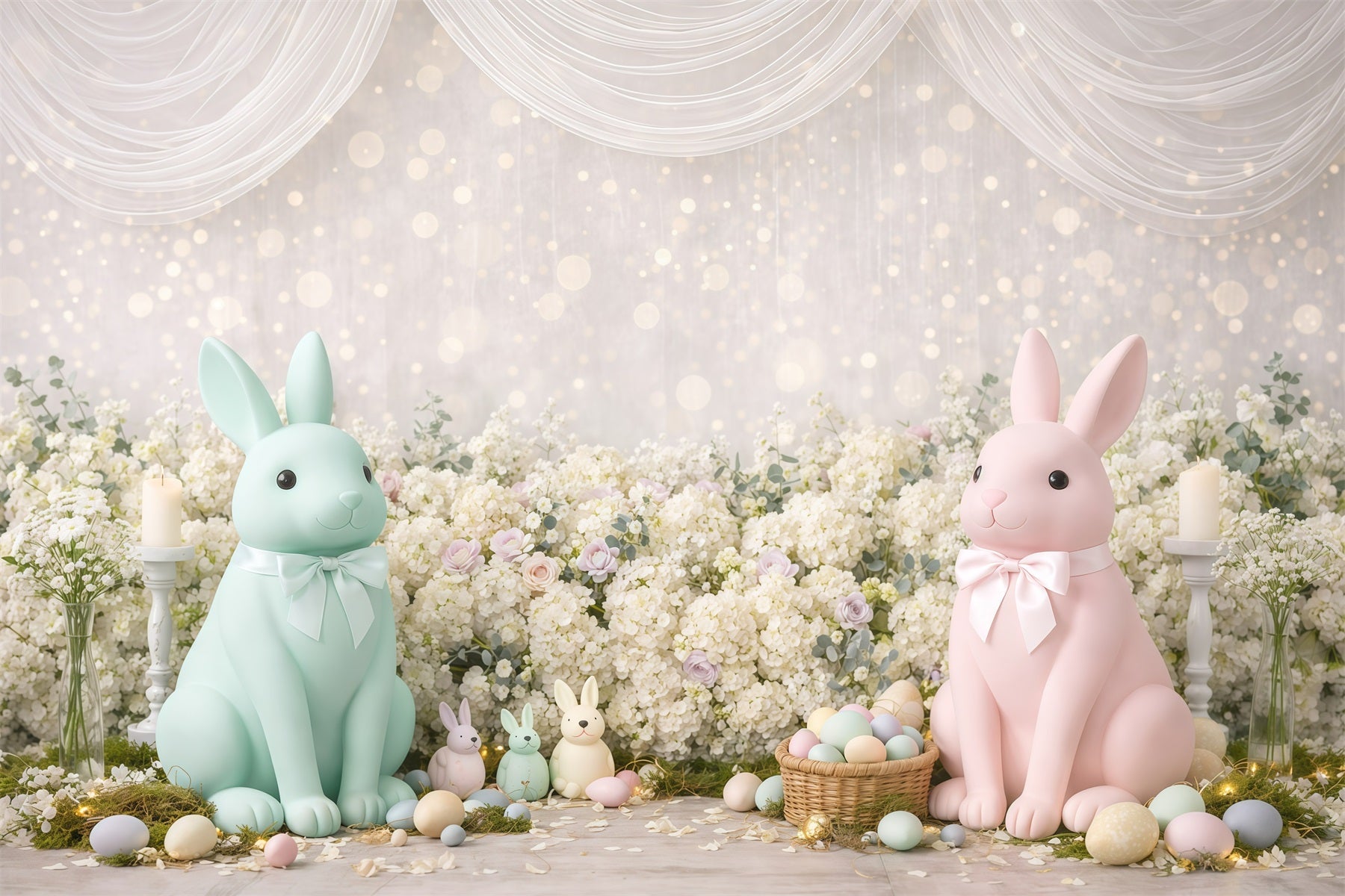 Pastellfarbener Osterhintergrund mit Hasen, Blumen und Bokeh-Punkten Fotohintergrund Ostern GQ61-32