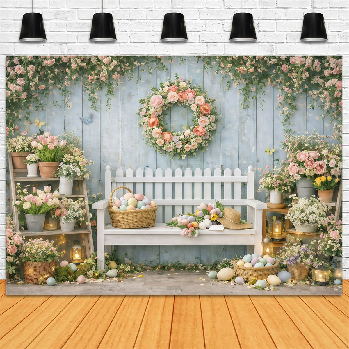 Osterhintergrund mit Bank, Frühlingsblumen und Gärtnerei Osterhintergrund für Fotos GQ61-33