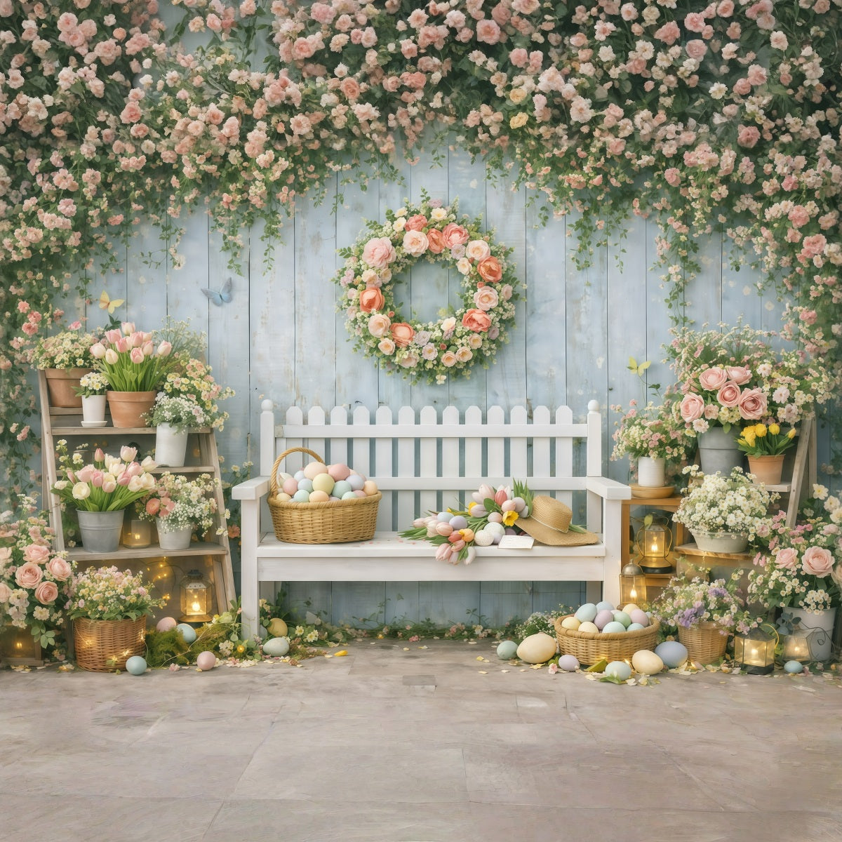 Osterhintergrund mit Bank, Frühlingsblumen und Gärtnerei Osterhintergrund für Fotos GQ61-33