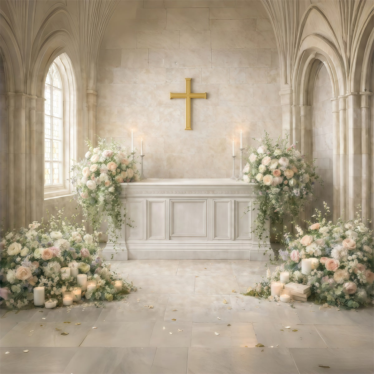 Kirchen-Oster-Fotohintergrund Heilige Kirche Kreuz Blumenhintergrund für Ostern GQ61-35