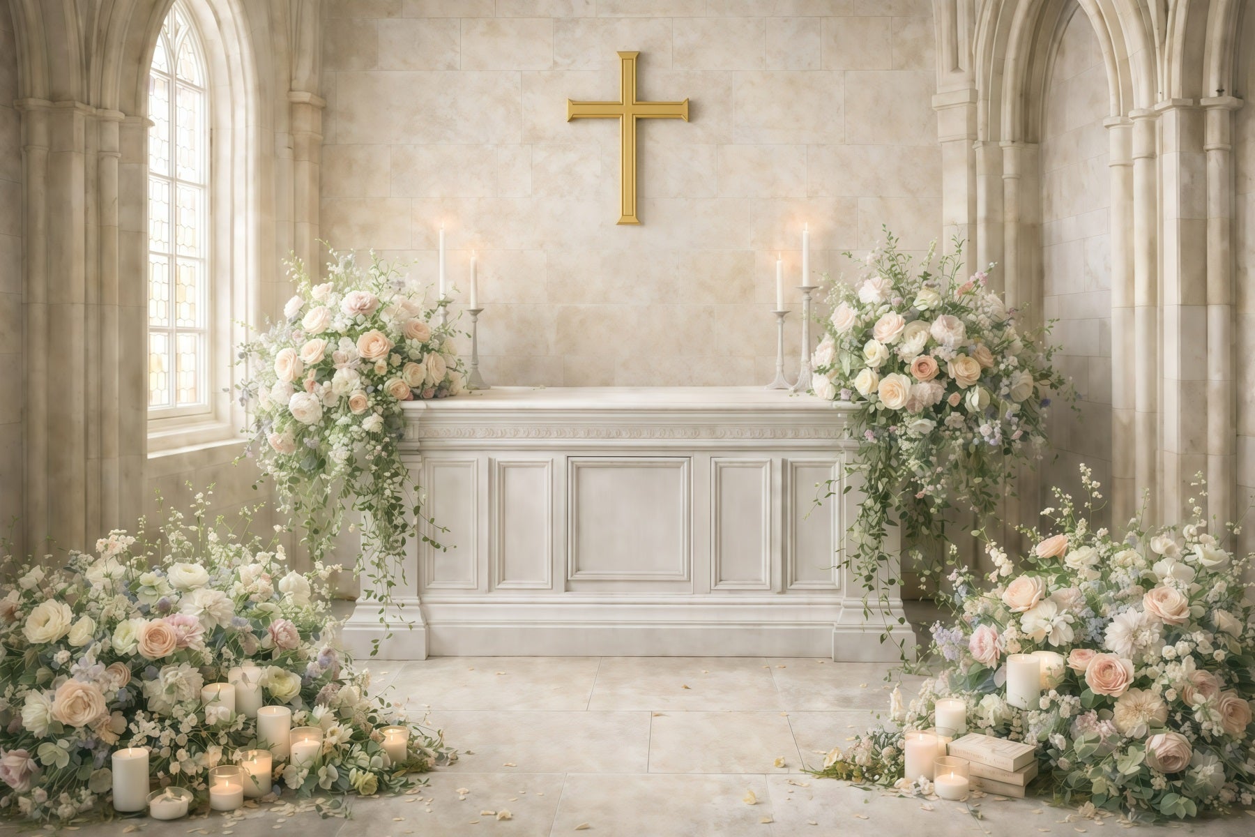Kirchen-Oster-Fotohintergrund Heilige Kirche Kreuz Blumenhintergrund für Ostern GQ61-35