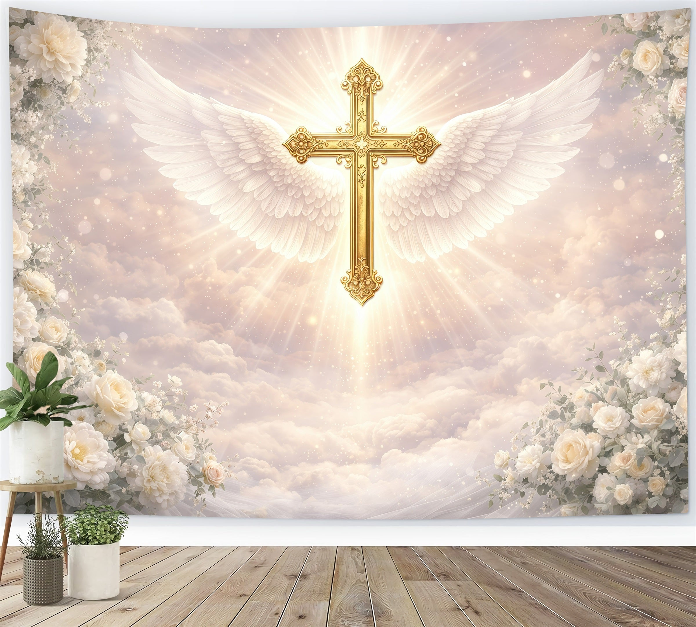 Oster-Hintergründe mit religiösem Motiv Engel mit Flügeln Goldenes Kreuz Oster-Fotoshooting-Hintergrund GQ61-36