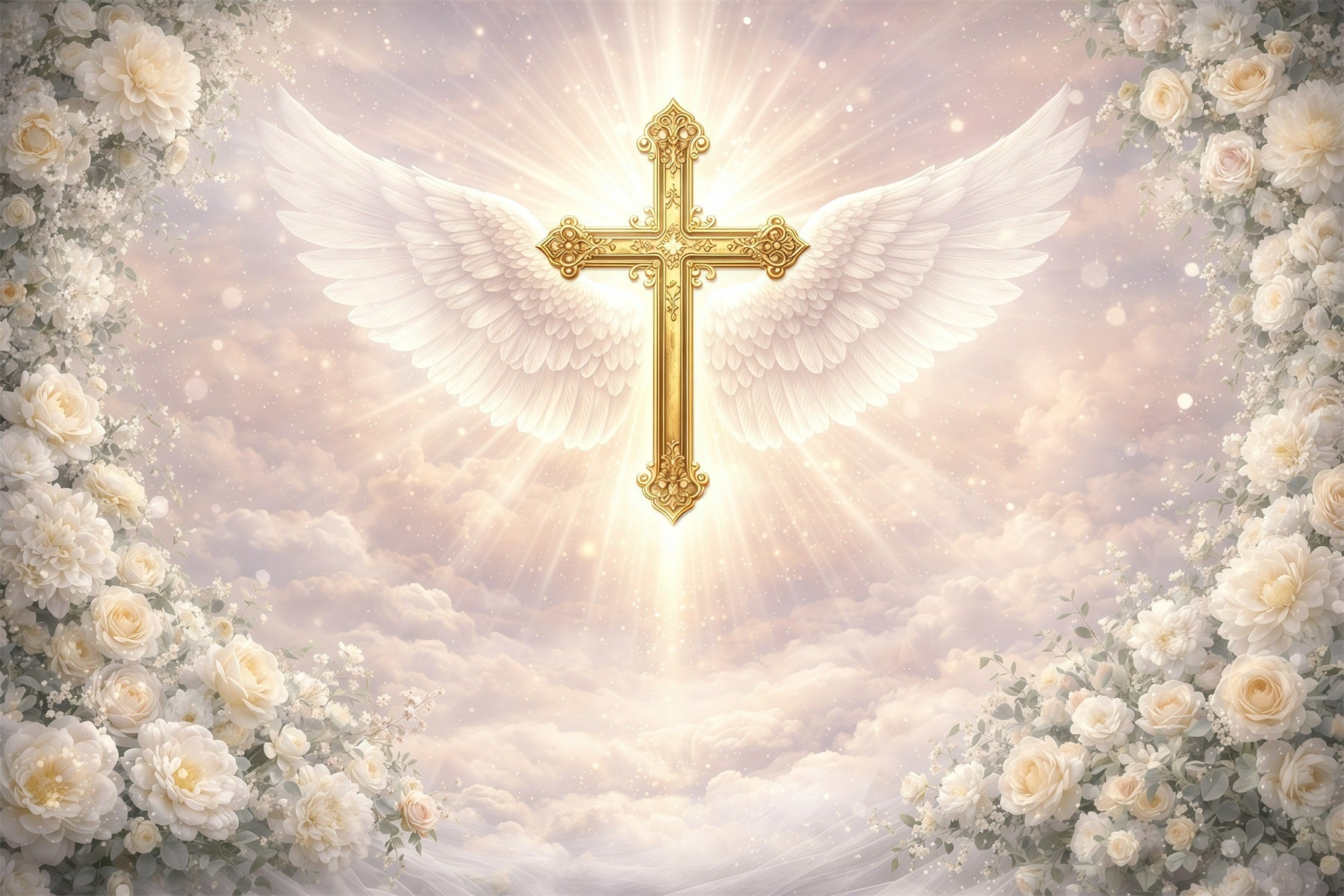 Oster-Hintergründe mit religiösem Motiv Engel mit Flügeln Goldenes Kreuz Oster-Fotoshooting-Hintergrund GQ61-36