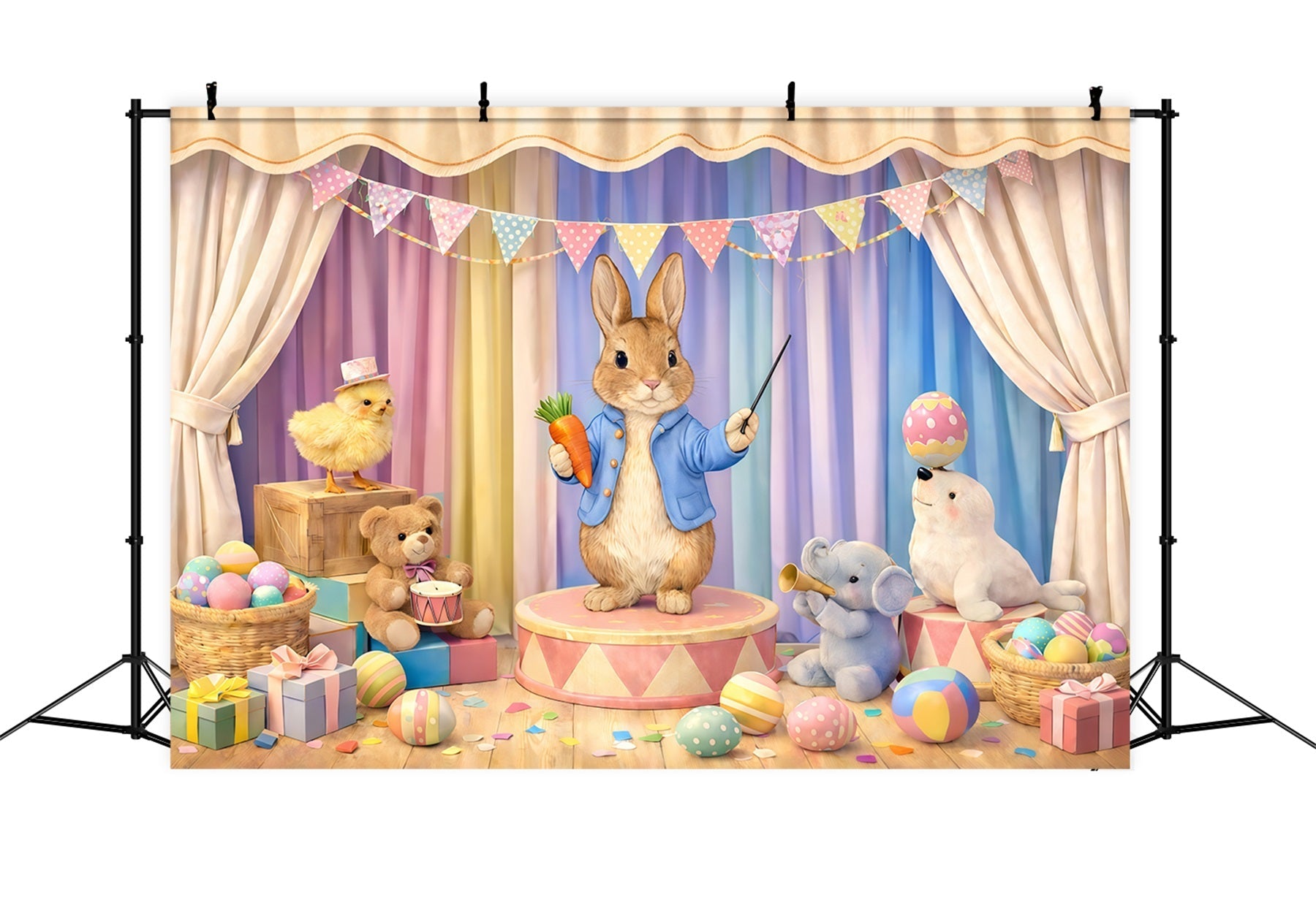 Pastellfarbener Osterhintergrund Cartoon-Hase Zirkusbühne Ideen für Osterbilderhintergründe GQ61-42